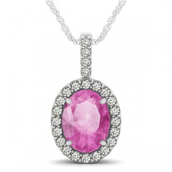 Pink Sapphire & Diamond Halo Oval Pendant Necklace 14k White Gold (3.37ct)