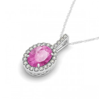 Pink Sapphire & Diamond Halo Oval Pendant Necklace 14k White Gold (3.37ct)