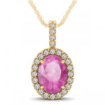 Pink Sapphire & Diamond Halo Oval Pendant Necklace 14k Yellow Gold (3.37ct)