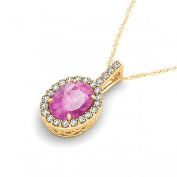 Pink Sapphire & Diamond Halo Oval Pendant Necklace 14k Yellow Gold (3.37ct)