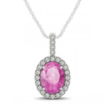Pink Sapphire & Diamond Halo Oval Pendant Necklace 14k White Gold (1.17ct)