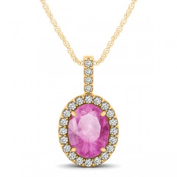 Pink Sapphire & Diamond Halo Oval Pendant Necklace 14k Yellow Gold (1.17ct)