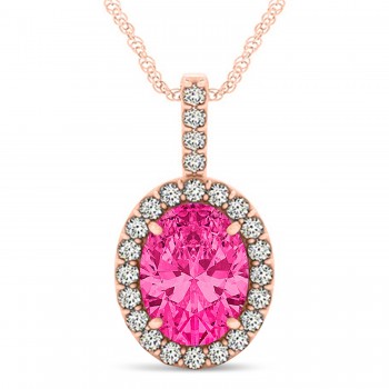Pink Tourmaline & Diamond Halo Oval Pendant Necklace 14k Rose Gold (3.02ct)