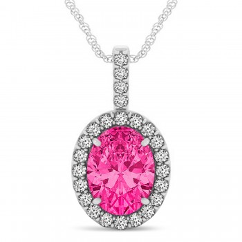 Pink Tourmaline & Diamond Halo Oval Pendant Necklace 14k White Gold (3.02ct)