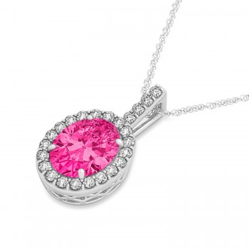 Pink Tourmaline & Diamond Halo Oval Pendant Necklace 14k White Gold (3.02ct)