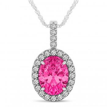 Pink Tourmaline & Diamond Halo Oval Pendant Necklace 14k White Gold (1.17ct)