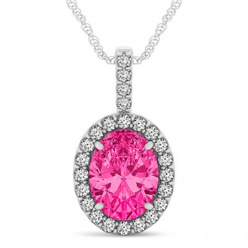 Pink Tourmaline & Diamond Halo Oval Pendant Necklace 14k White Gold (1.17ct)