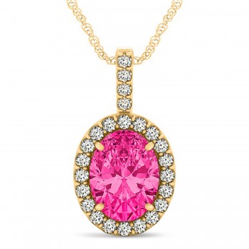 Pink Tourmaline & Diamond Halo Oval Pendant Necklace 14k Yellow Gold (1.17ct)