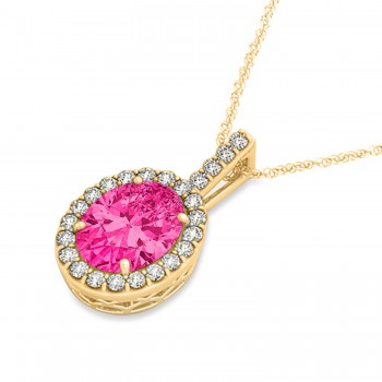 Pink Tourmaline & Diamond Halo Oval Pendant Necklace 14k Yellow Gold (1.17ct)