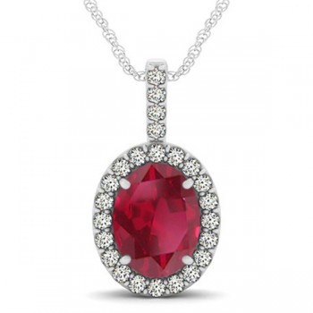 Ruby & Diamond Halo Oval Pendant Necklace 14k White Gold (3.37ct)