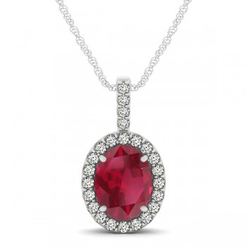 Ruby & Diamond Halo Oval Pendant Necklace 14k White Gold (1.23ct)