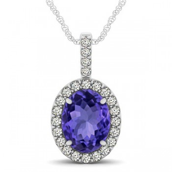 Tanzanite & Diamond Halo Oval Pendant Necklace 14k White Gold (3.37ct)