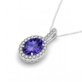 Tanzanite & Diamond Halo Oval Pendant Necklace 14k White Gold (3.37ct)