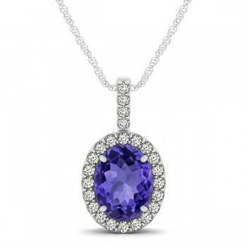 Tanzanite & Diamond Halo Oval Pendant Necklace 14k White Gold (1.06ct)