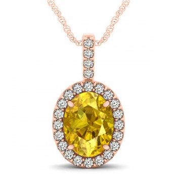 Yellow Sapphire & Diamond Halo Oval Pendant Necklace 14k Rose Gold (3.37ct)