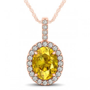 Yellow Sapphire & Diamond Halo Oval Pendant Necklace 14k Rose Gold (3.37ct)