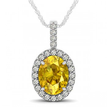 Yellow Sapphire & Diamond Halo Oval Pendant Necklace 14k White Gold (3.37ct)