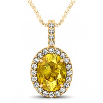 Yellow Sapphire & Diamond Halo Oval Pendant Necklace 14k Yellow Gold (3.37ct)