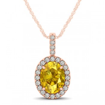 Yellow Sapphire & Diamond Halo Oval Pendant Necklace 14k Rose Gold (1.17ct)