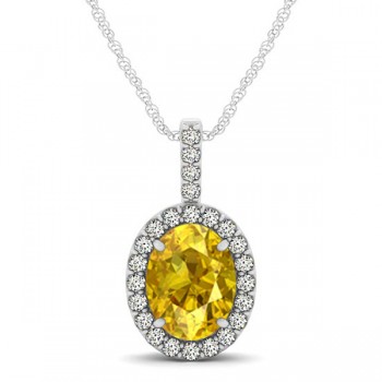 Yellow Sapphire & Diamond Halo Oval Pendant Necklace 14k White Gold (1.17ct)