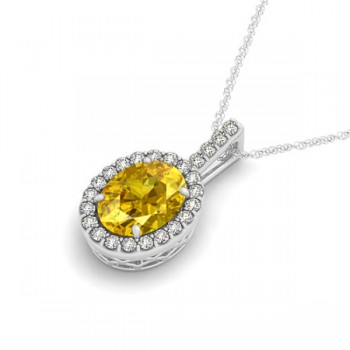 Yellow Sapphire & Diamond Halo Oval Pendant Necklace 14k White Gold (1.17ct)