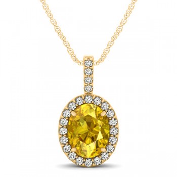 Yellow Sapphire & Diamond Halo Oval Pendant Necklace 14k Yellow Gold (1.17ct)