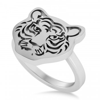 Tiger's Face Shaped Ladies Ring 14k White Gold