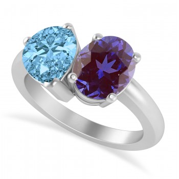 Oval/Pear Lab Alexandrite & Blue Topaz Toi et Moi Ring 14k White Gold (4.50ct)