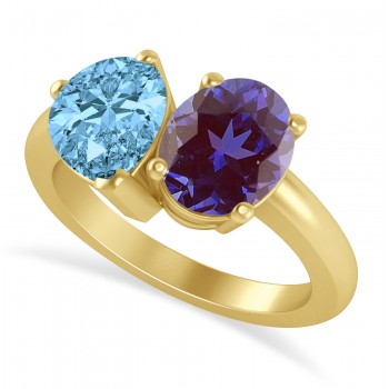 Oval/Pear Lab Alexandrite & Blue Topaz Toi et Moi Ring 14k Yellow Gold (4.50ct)