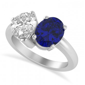 Oval/Pear Diamond & Blue Sapphire Toi et Moi Ring 14k White Gold (4.50ct)