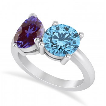 Round/Pear Lab Alexandrite & Blue Topaz Toi et Moi Ring 14k White Gold (4.00ct)