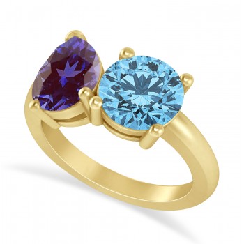 Round/Pear Lab Alexandrite & Blue Topaz Toi et Moi Ring 14k Yellow Gold (4.00ct)