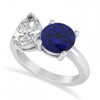 Round/Pear Diamond & Blue Sapphire Toi et Moi Ring 14k White Gold (4.00ct)