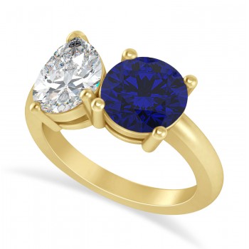 Round/Pear Diamond & Blue Sapphire Toi et Moi Ring 14k Yellow Gold (4.00ct)