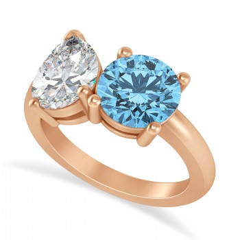 Round/Pear Diamond & Blue Topaz Toi et Moi Ring 14k Rose Gold (4.00ct)