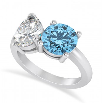 Round/Pear Diamond & Blue Topaz Toi et Moi Ring 14k White Gold (4.00ct)