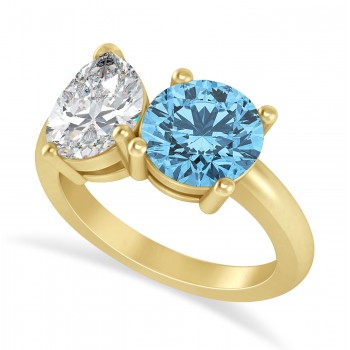 Round/Pear Diamond & Blue Topaz Toi et Moi Ring 14k Yellow Gold (4.00ct)