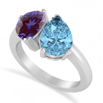 Pear/Pear Lab Alexandrite & Blue Topaz Toi et Moi Ring 14k White Gold (4.00ct)