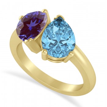 Pear/Pear Lab Alexandrite & Blue Topaz Toi et Moi Ring 14k Yellow Gold (4.00ct)