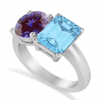 Emerald/Round Lab Alexandrite & Blue Topaz Toi et Moi Ring 14k White Gold (4.50ct)