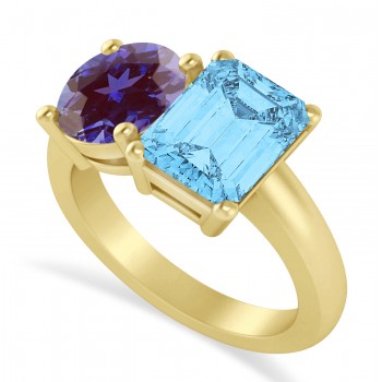 Emerald/Round Lab Alexandrite & Blue Topaz Toi et Moi Ring 14k Yellow Gold (4.50ct)