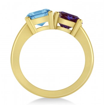 Emerald/Round Lab Alexandrite & Blue Topaz Toi et Moi Ring 14k Yellow Gold (4.50ct)