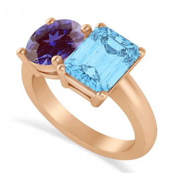 Emerald/Round Lab Alexandrite & Blue Topaz Toi et Moi Ring 18k Rose Gold (4.50ct)