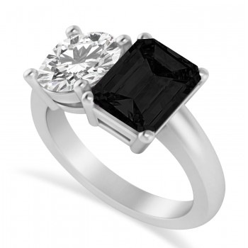 Emerald/Round Black & White Diamond Toi et Moi Ring 18k White Gold (4.50ct)