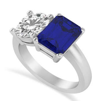 Emerald/Round Diamond & Blue Sapphire Toi et Moi Ring 18k White Gold (4.50ct)