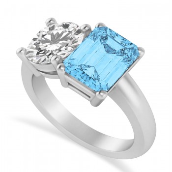 Emerald/Round Diamond & Blue Topaz Toi et Moi Ring 14k White Gold (4.50ct)