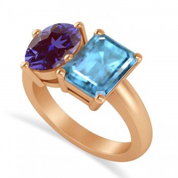 Emerald/Oval Lab Alexandrite & Blue Topaz Toi et Moi Ring 14k Rose Gold (5.50ct)