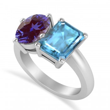 Emerald/Oval Lab Alexandrite & Blue Topaz Toi et Moi Ring 14k White Gold (5.50ct)