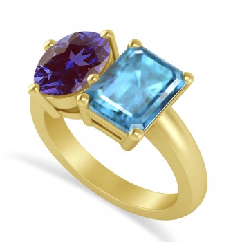 Emerald/Oval Lab Alexandrite & Blue Topaz Toi et Moi Ring 18k Yellow Gold (5.50ct)