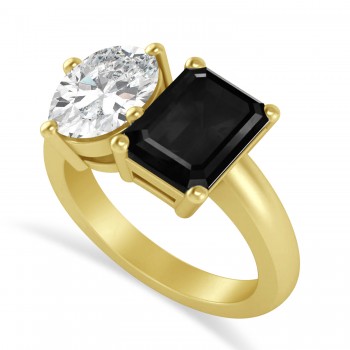 Emerald/Oval Black & White Diamond Toi et Moi Ring 14k Yellow Gold (5.50ct)